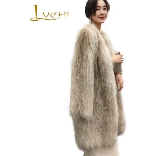 LVCHI 2019 Winter Import Real Fox Fur Coats Deep V-Neck Natural Fox Fur Coat Womens Pure Color Waveing Long Wave Fox Fur Coats