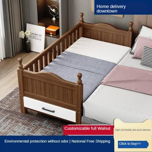 Customized Childrens Bed with Fence Boy Stitching Big Bed Widened Bedside Girl Small Bed Customized Solid Wood Crib