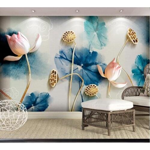 Bacaz Chinese Painting Lotus Flower Murals 5D Papel Murals for Living Room Background Wallpaper 3d Photo Murals Wall paper
