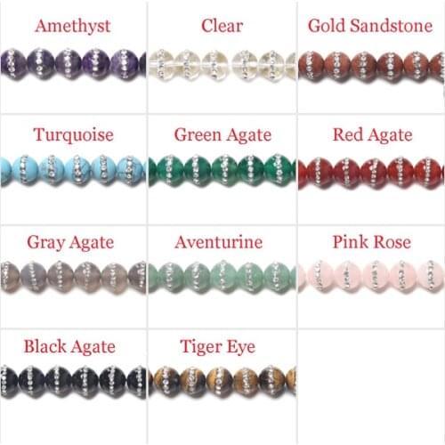 Natural Stone with handmade Crystal Rhinestone Stripe Round Beads 15" Strand 10MM Pick Color For Jewelry AB82
