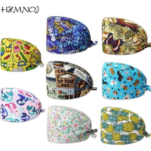 Fashion Multi-color Printing Surgical Cap Adjustable Scrub Cap Beauty Salon Work Cap Pet Shop Mens Cotton Surgical Cap