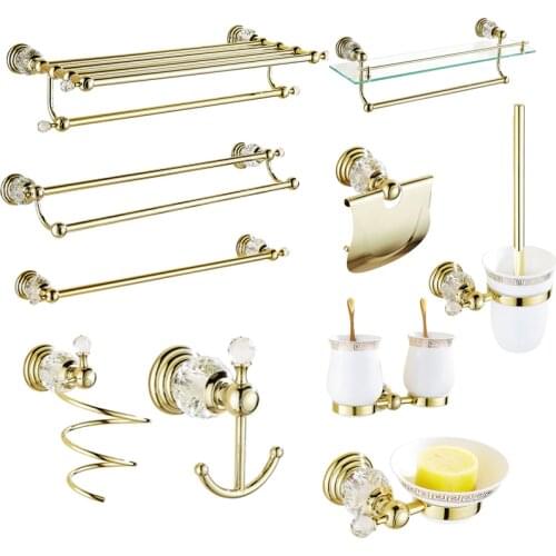 Solid Brass Bathroom Hardware Sets Gold Polished Bathroom Accessories Wall Mounted Crystal Bathroom Products
