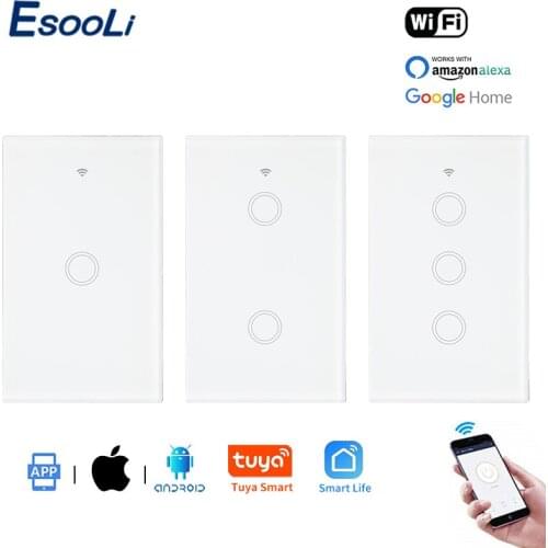 EsooLi US Standard Tuya APP 1/2/3 Gang WIFI Switch Smart Home Automation Glass Panel Wall Switch Google Home Null and Fire Line