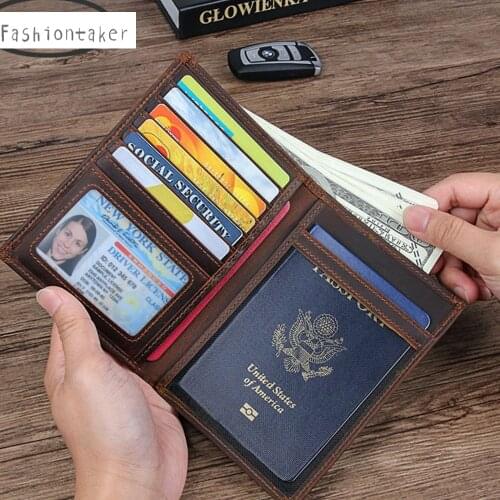 Genuine Leather Men Wallet Photo Holder Passport Card Holder Passport Cover Crazy Horse Leather Rfid Credit Card for Male Travel