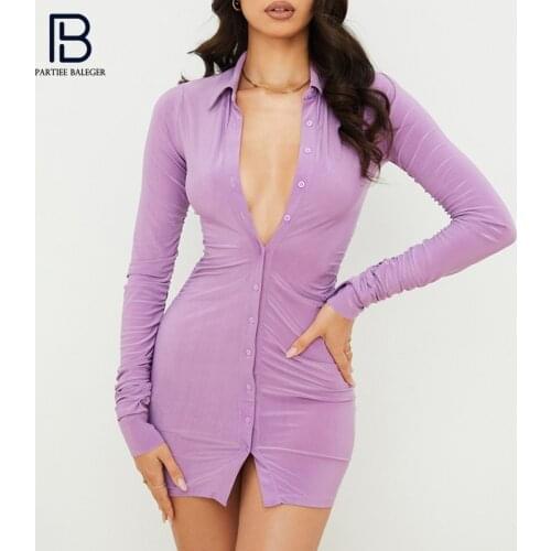 PB Chic Button Design Long Sleeves Mini Dress Turn-down Collar Celebrity Party Club Vestido Free Shipping