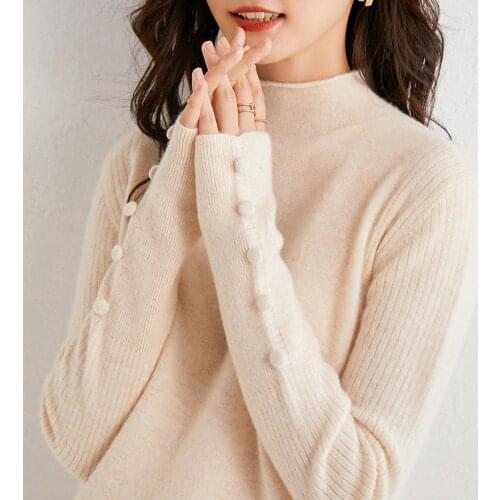 Selling Half high collar 100% pure wool sweater women fashion cufflinks cashmere sweater pullover loose knit bottoming shirt