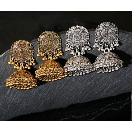 Retro Womens Gold Turkish Bells Earrings Vintage Ethnic Boho Carved Jhumka Earrings Tassel Tibetan Jewelry