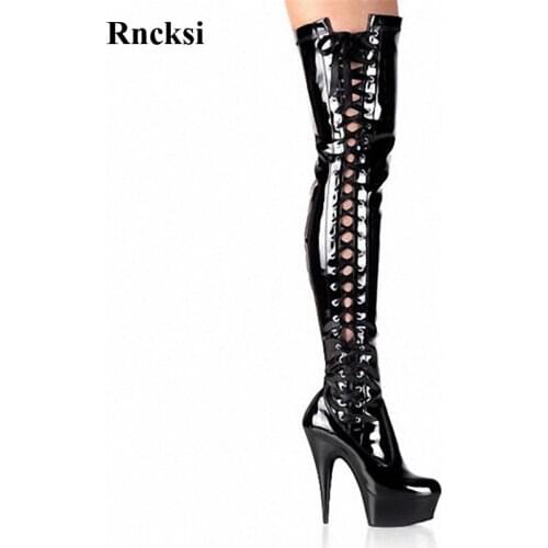 Rncksi Fashion New Sexy Lace Up Womens Over The Knee Boots 15cm High Heels Black Platform Boots Night Club Pole Dancing Boots