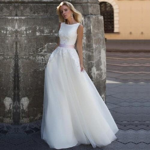 Scoop Neck Wedding Dress 2020 Robe De Mariee Mariage Lace Appliques With Belt Vinatge Tulle Bridal Gowns