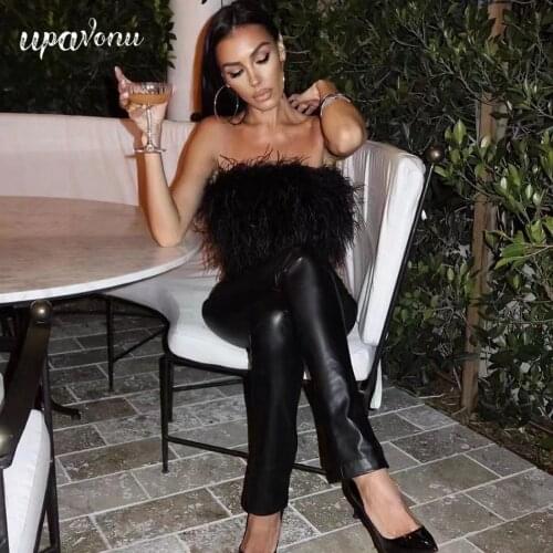 UpAvonu 2020 New Summer High Quality Fashion Feather Strapless Sky Blue And Black And White Bandage Top Night Club Short Top