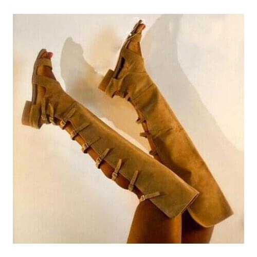 Women Casual Brown Suede Over the Knee Boots Sexy Open Toe Buckle Strap Gladiator Sandal Boots Ladies Summer Flat Boots