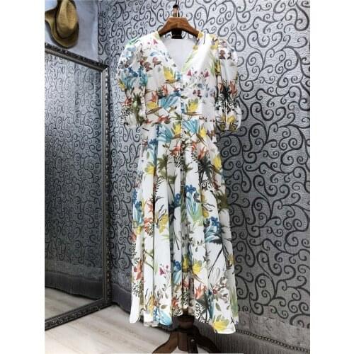 2021 Summer Fashion Dress High Quality Women V-Neck Colorful Floral Print Buttons Front Short Sleeve Mid-Calf Casual Sundress