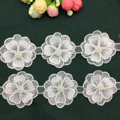 2 yards White Pearl Flower Embroidered Double Layered Handmade Beaded Lace Trim Ribbon Applique Dress Sewing Craft DIY