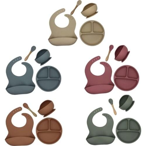 4pcs/set BPA Free Baby Silicone Tableware Waterproof Bib Solid Color Dinner Plate Sucker Bowl And Spoon For Children