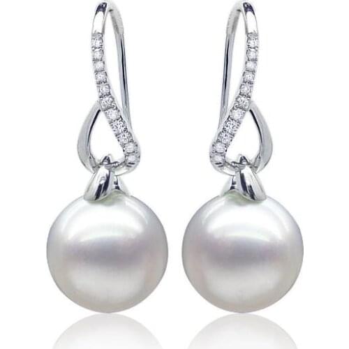 Free Shipping Gorgeous AAA 10-11mm White South Sea Pearl Diamond Drop Earrings 18K White Gold #0207
