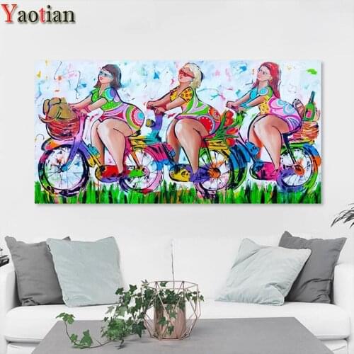 Large DIY diamond Painting fat ladies on bike full square round mosaic diamond set cross Stitch Entrance hallway wall decoration