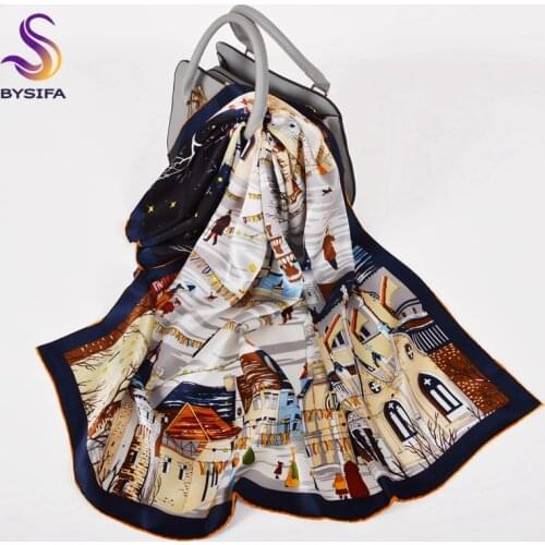 BYSIFA|Little Match Girl Navy Blue Women Pure Silk Square Scarves Printed Fashion Luxury Large Scarves Shawls Muslim Headscarve