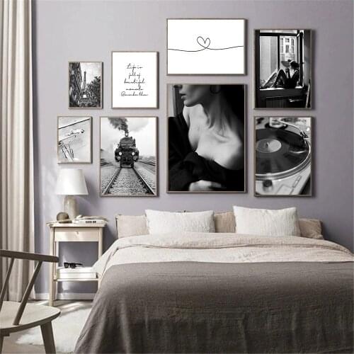 Black And White Painting Train Tower Phonograph Canvas Poster Sexy Woman Wall Art Print Nordic Wall Pictures Living Room Decor