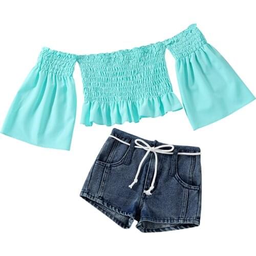 Two Piece Kids Bbay Girl’s Clothes Fashion Solid Color Boat Neck Long Sleeve T-shirt and Bandage Denim Shorts 1-6T