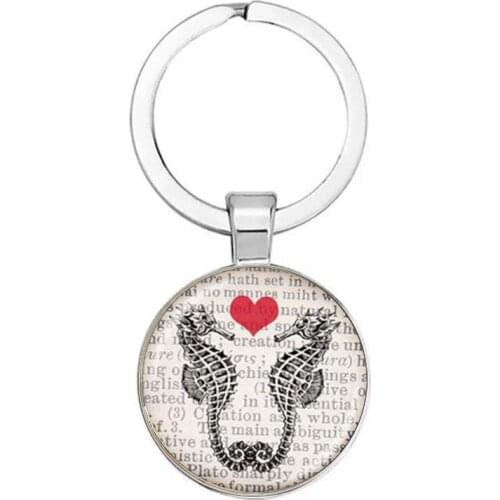 Seahorse Has A Heart On The Dictionary Page Background Art Glass Dome Pendant Stylish Keychain Car Key Chain Holder Gift