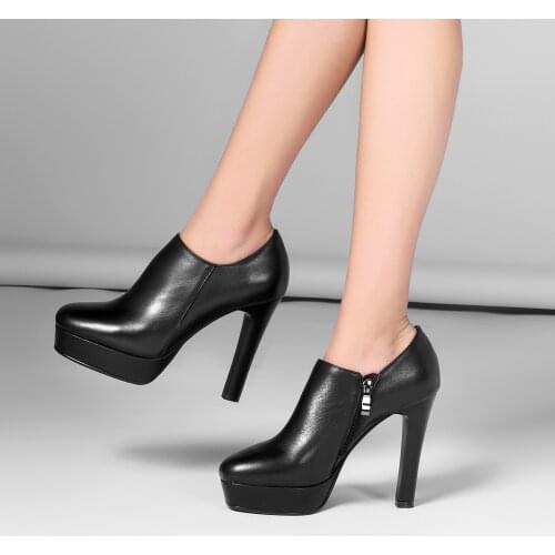 LAIGZEM Women Ankle Platform Boots Real Leather Thick Heels Black Beige Booties 2021 Side Zip Ladies Shoes Woman Size 37 38 39