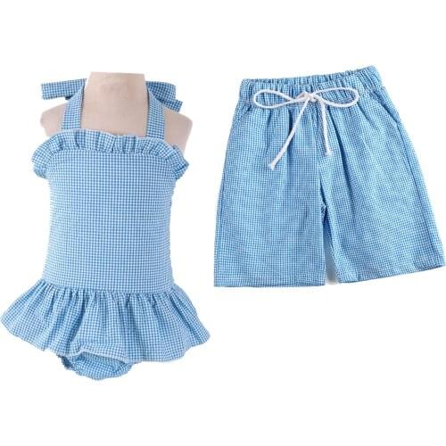 Summer Siblings Match Beach Swimming Wear Girls Swimsuit With Boys Swim Trunks Seersucker Shorts