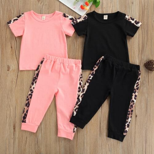 OPPERIAYA Summer 2Pcs Infant Leopard Print Casual Outfits Baby Casual Short Sleeve Round Neck Pullover T-shirt Trousers