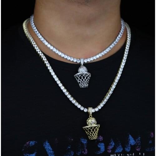 Fashion Hip Hop Basketball Frame Men necklace Zircon Gold / Silver Color Pendant Steel Necklace Basketball Sports Jewelry Gifts