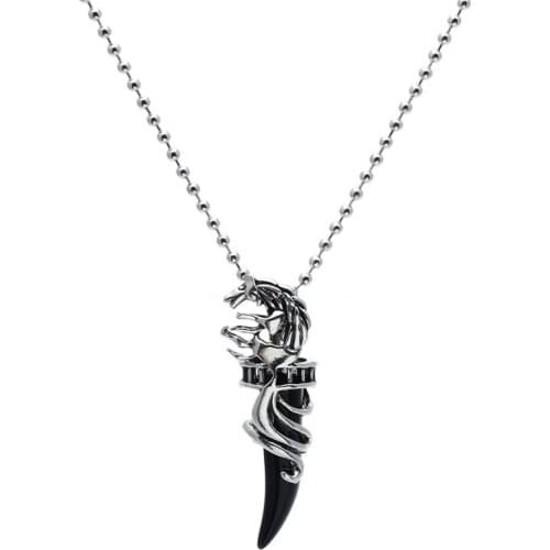 Men Choker Stainless Steel Black Crystal Wolf fang Pendant Necklace