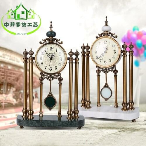 Tabletop clock shabby chic marble base home desk clockes metal plated copper clocks living room table decoration vintage