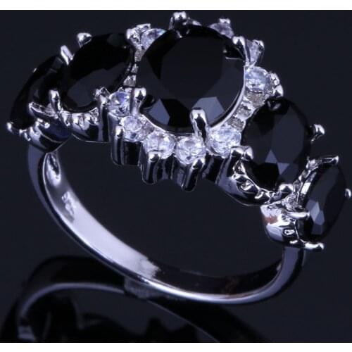 Stunning Oval Black Cubic Zirconia White CZ Silver Plated Ring V0411