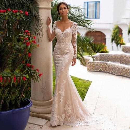 LORIE Champagne Mermaid Wedding Dresses 2020 Vestidos De Novia Backless Sexy V Neck Lace Wedding Gowns Appliques Bridal Gowns