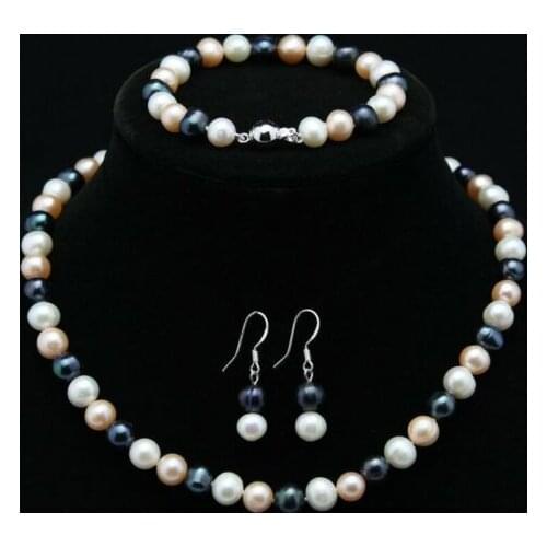 Natural 7-8mm White Pink Black Freshwater Pearl Necklace Bracelet Earrings Set