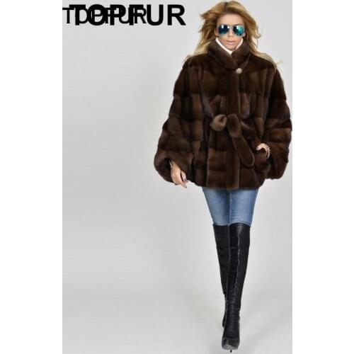 TOPFUR Real Mink Fur Coat 2019 For Women Bat Sleeve Mink Fur Coat Whole Skin Piece Fur Jackets For Female Fashion Brown short