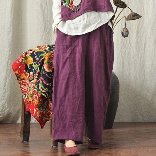 Johnature Summer Cotton Linen Retro Solid Color Wide Leg Pants Pocket Elastic Waist 2021 New Leisure Women Ankle- Length Pants