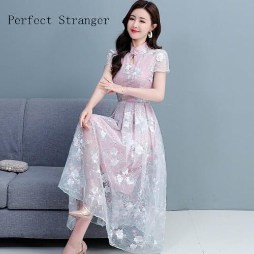 Cheongsam High Quality 2021 Summer Dress For Women Stand Collar Floral Embroidery Short Sleeve Women Lace Long Dress