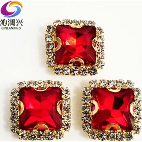 Golden bottom Red square shape top Crystal glass buckle, sew on rhinestones use for Diy/jewelry accessories SQKG07