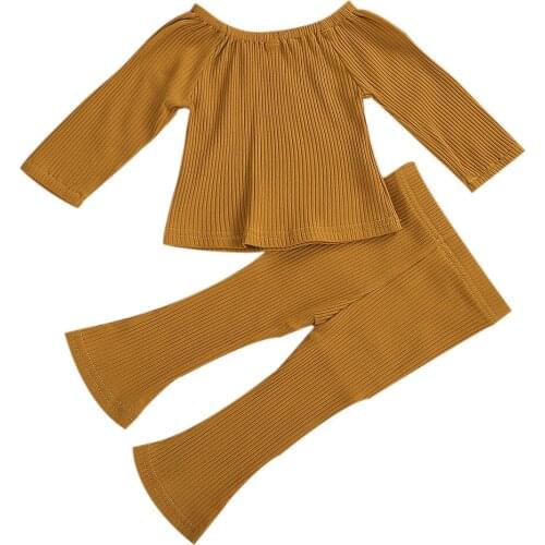 2020 Summer Baby Girls Clothing Set Long Sleeves Round Collar Solid Color Top + Knitted Flared Pants 0-4T Toddler Clothes