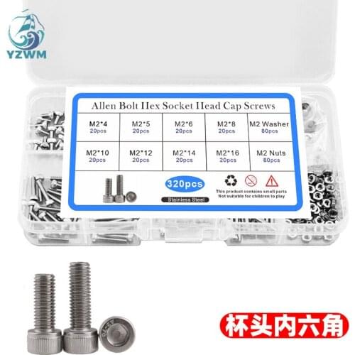 320pcs Cup Head Hexagon Box Screw Nut Flat Gasket 304 Stainless Steel Cylinder Head Screw Set