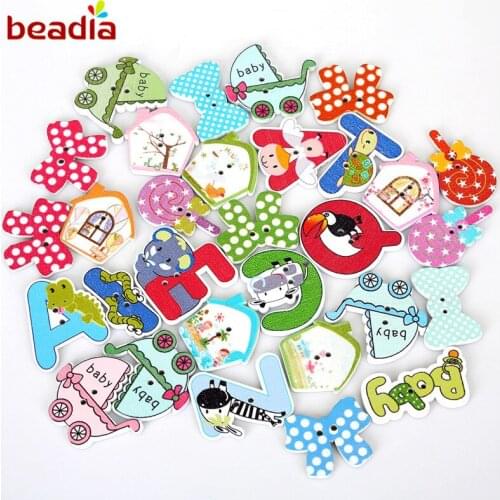 50PCS Mixed Color Wooden Button Scrapbooking Baby Carriage Bowknot Wood Buttons Beads House Shape 2 Holes For Jewelry Making