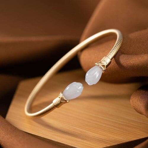 Natural Hetian Jade S925 Sterling Silver Simple Elegant Antique Fashion All-Matching Ladies Magnolia Open-End Bangle Bracelet
