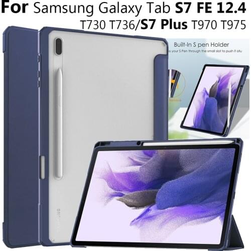 For Samsung Galaxy TAB S7 Plus S7 FE T736 Case Cover Acrylic+TPU PU Classic Leather Smart Stay Back Cover With Pen Groove Stand