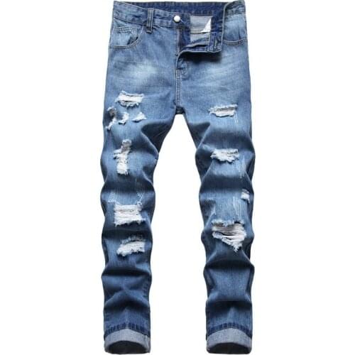 Fashion Streetwear Mens Jeans Vintage Blue Color Slim Destroyed Ripped Jeans Broken Denim Pants Homme Hip Hop Holes Jeans Men