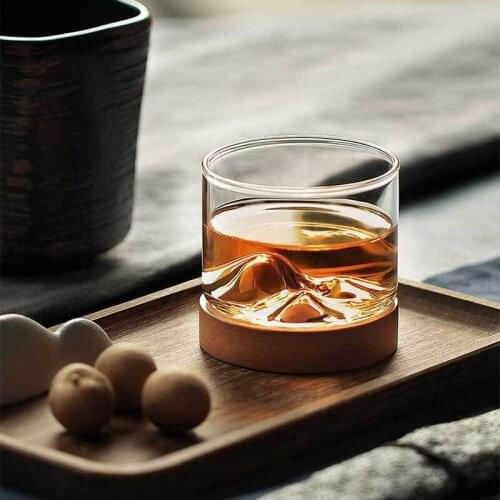 Mountain Whiskey Glass Cup Minimalist Wooden Base Rocks Beer Wine Glasses Juice Cup Bar Hotel Drinkware Creative Elegant Gift