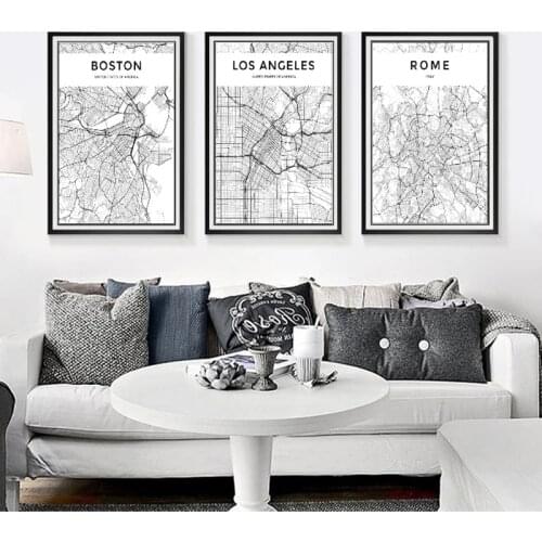 World City Map Tokyo Paris New York Poster and Prints Painting Black White Simple Style Wall Art Canvas Picture for Living Room
