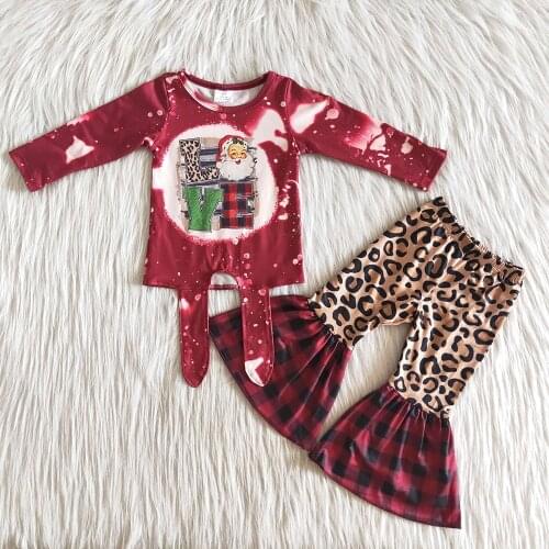 Christmas cute children clothing set baby girls bow top and bell pants outfit girl leopard and lattice pattern outfit