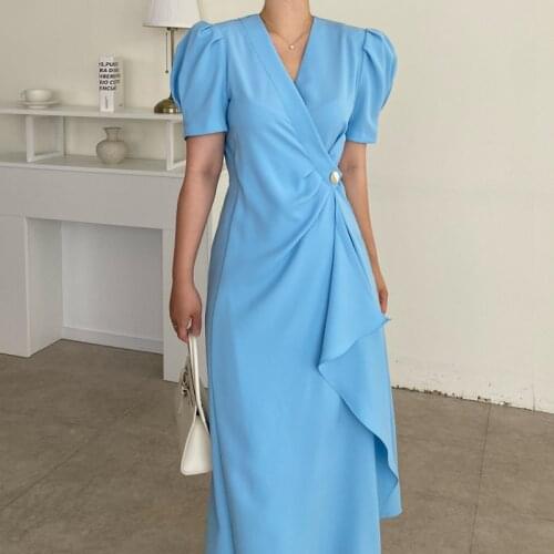 Korea Chic Temperament Elegant Cross V-Neck One-Piece Buttoned Waist Thin Puff Sleeve Irregular Dress