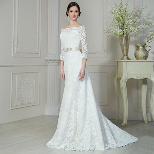 Modest Lace Mermaid Wedding Gowns 2021 High Quality Boat Neck Three Quarter Sweep Train Bridal Dress with Sashes