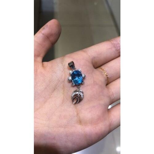 Natural blue topaz gem Pendant natural gemstone pendant necklace 925 sterling silver Lovely Elegant goldfish girl gift jewelery