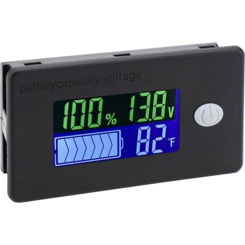 Battery Capacity Monitor,10-100V Battery Meter, 12V 24V 48V Percentage Voltage Fahrenheit Temperature Indicator Meter